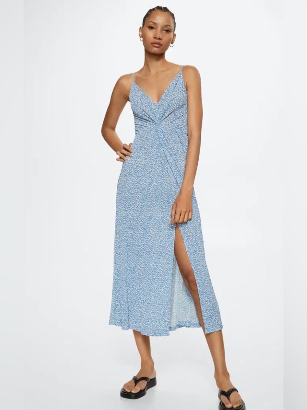 Mango Blue Floral Twist-Front Midi Dress